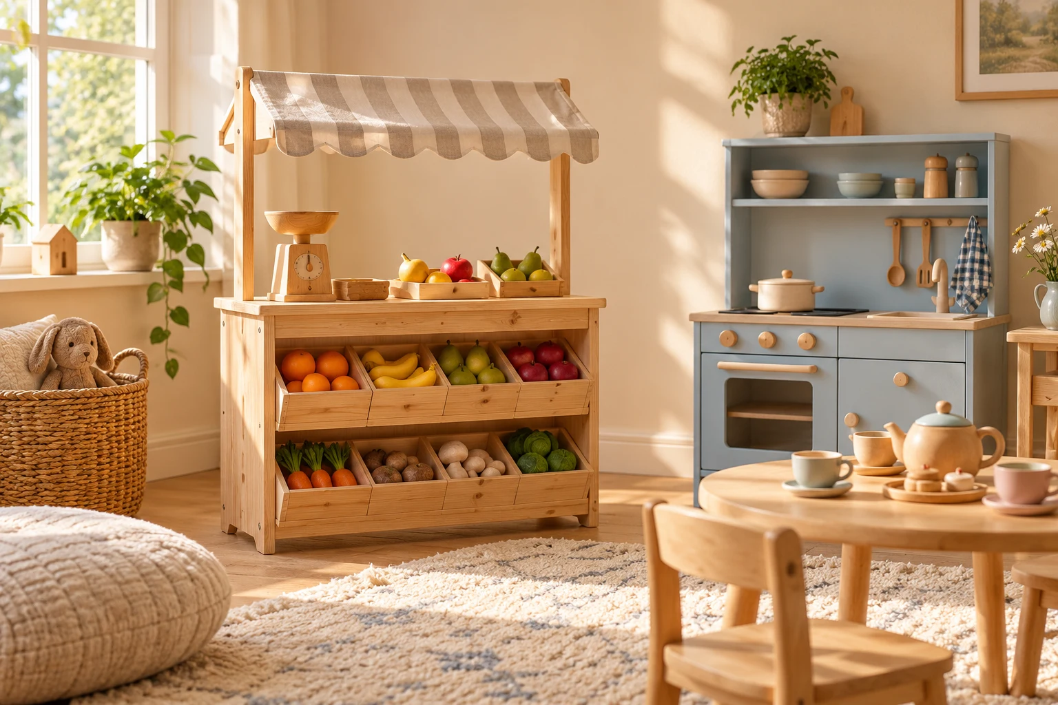 Wooden play pieces in a sunlit playroom